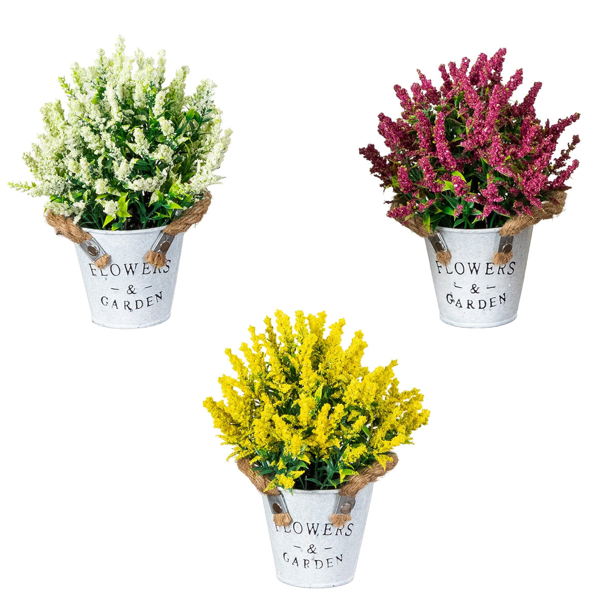 a group of flowers in buckets