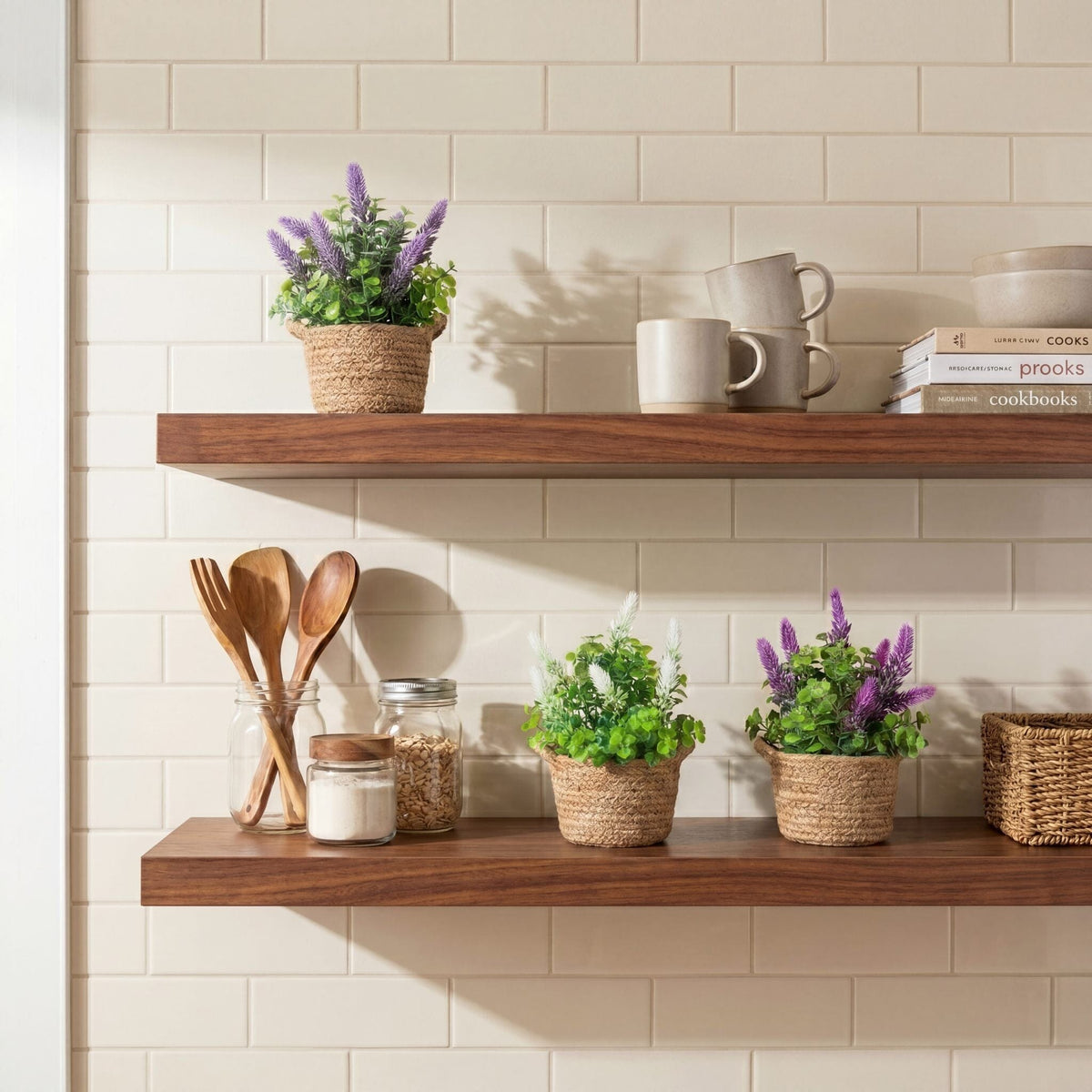 a shelf with plants and utensils on it