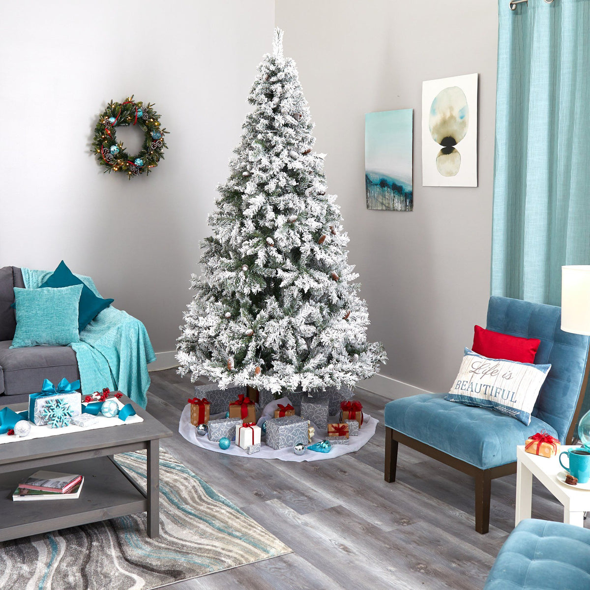 a christmas tree in a room
