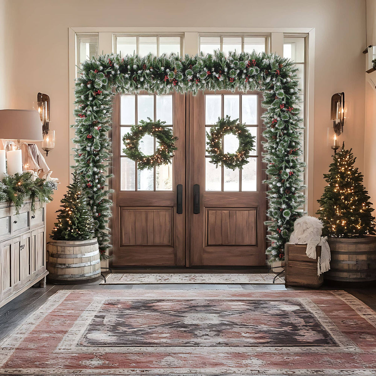 a door with wreaths and lights