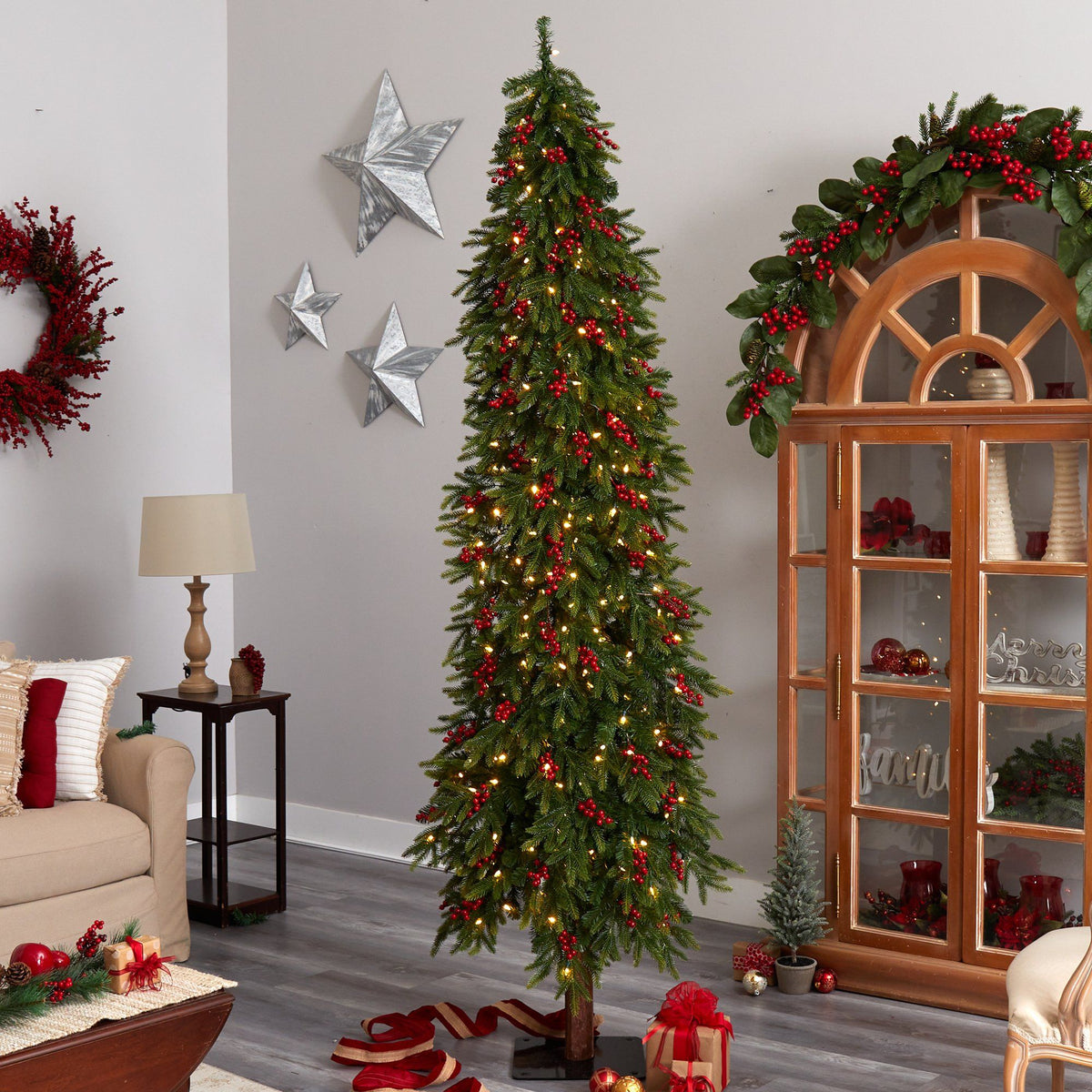 8' Victoria Fir Artificial Christmas Tree with 350 Multi-Color (Multifunction) LED Lights, Berries and 667 Branches