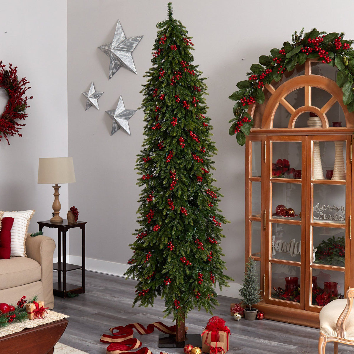 8' Victoria Fir Artificial Christmas Tree with 350 Multi-Color (Multifunction) LED Lights, Berries and 667 Branches