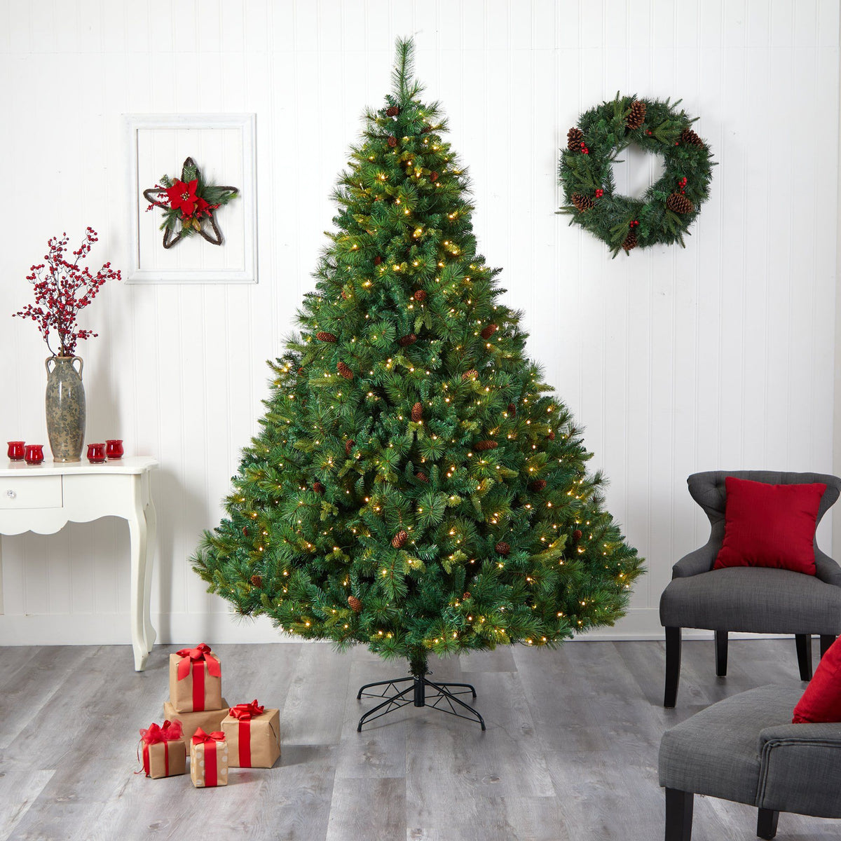 a christmas tree in a room