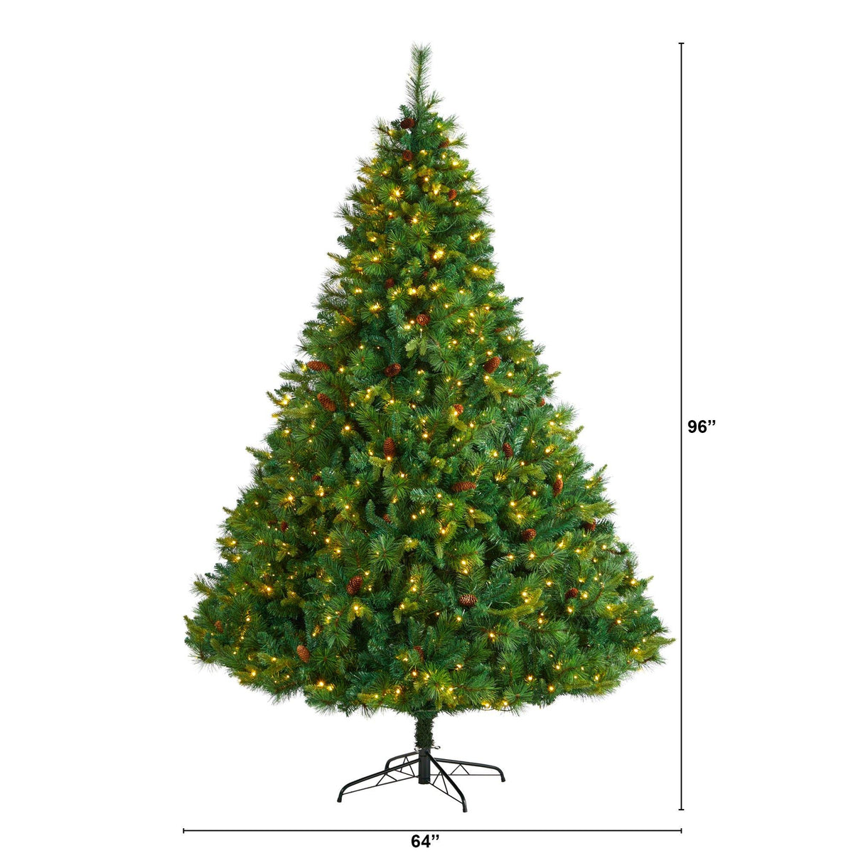 a tall christmas tree with lights and a height chart