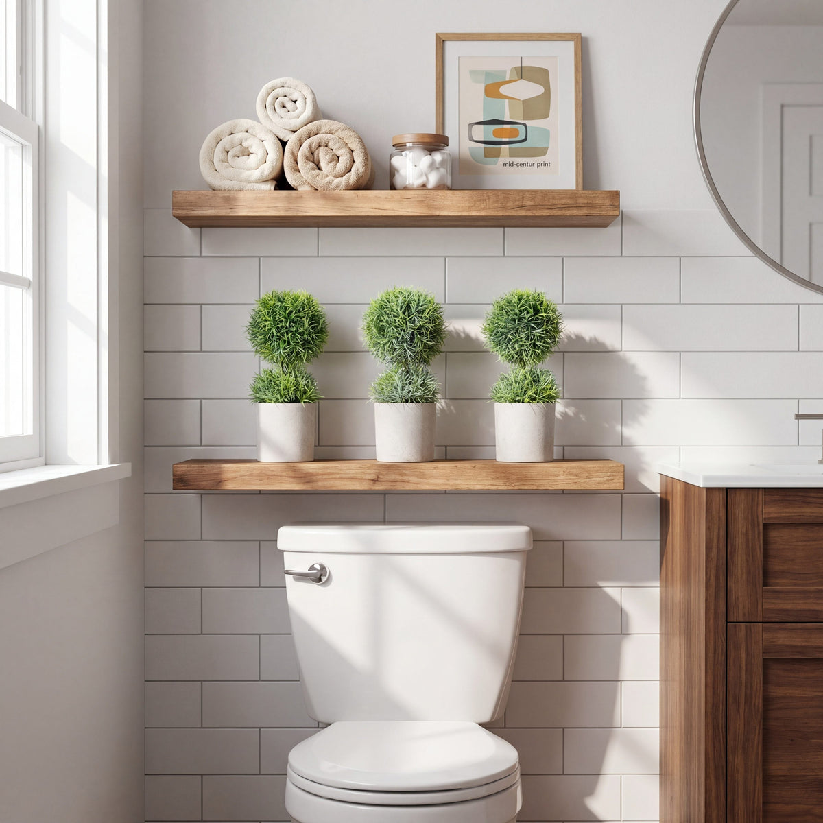 a toilet with plants on a shelf