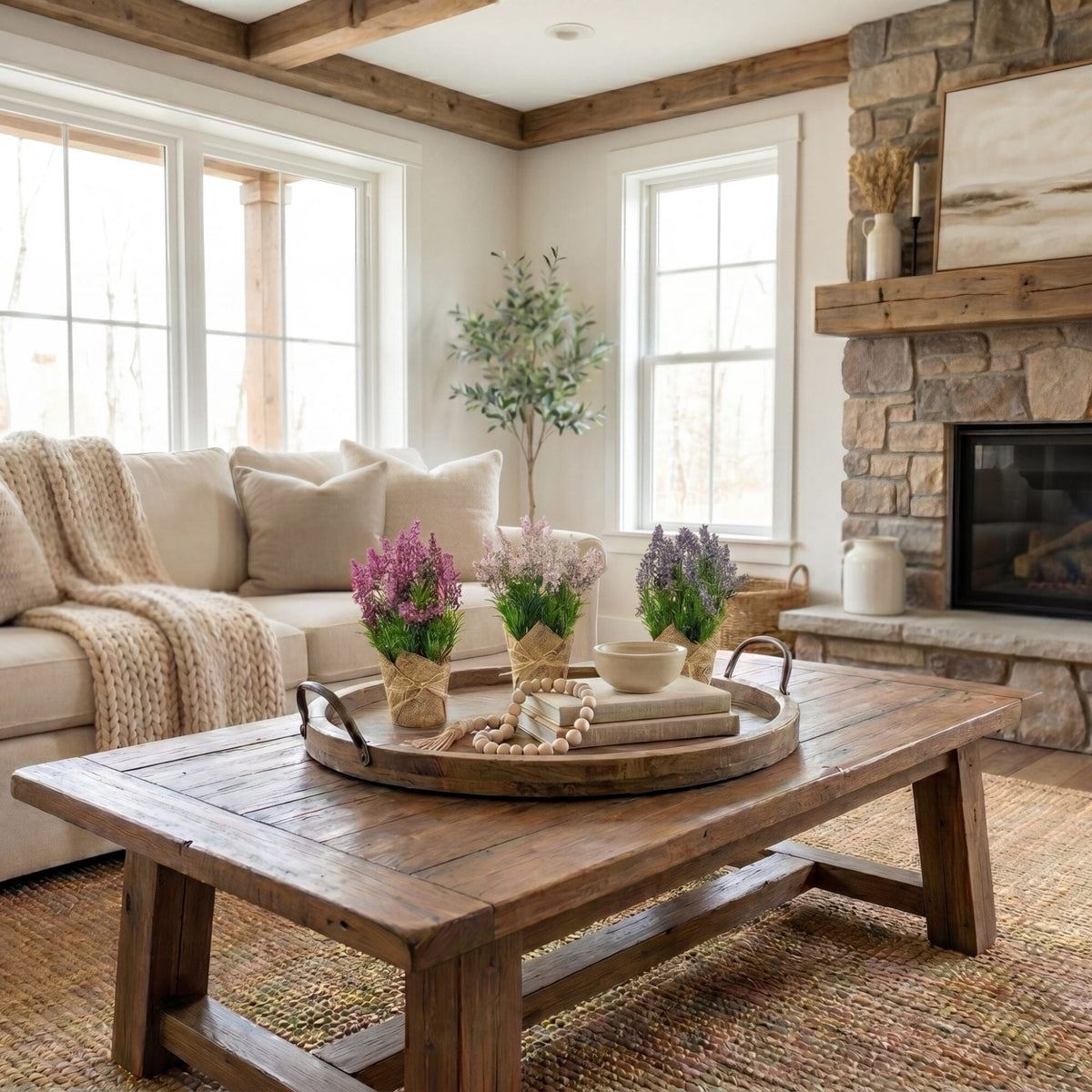 a living room with a fireplace and a couch