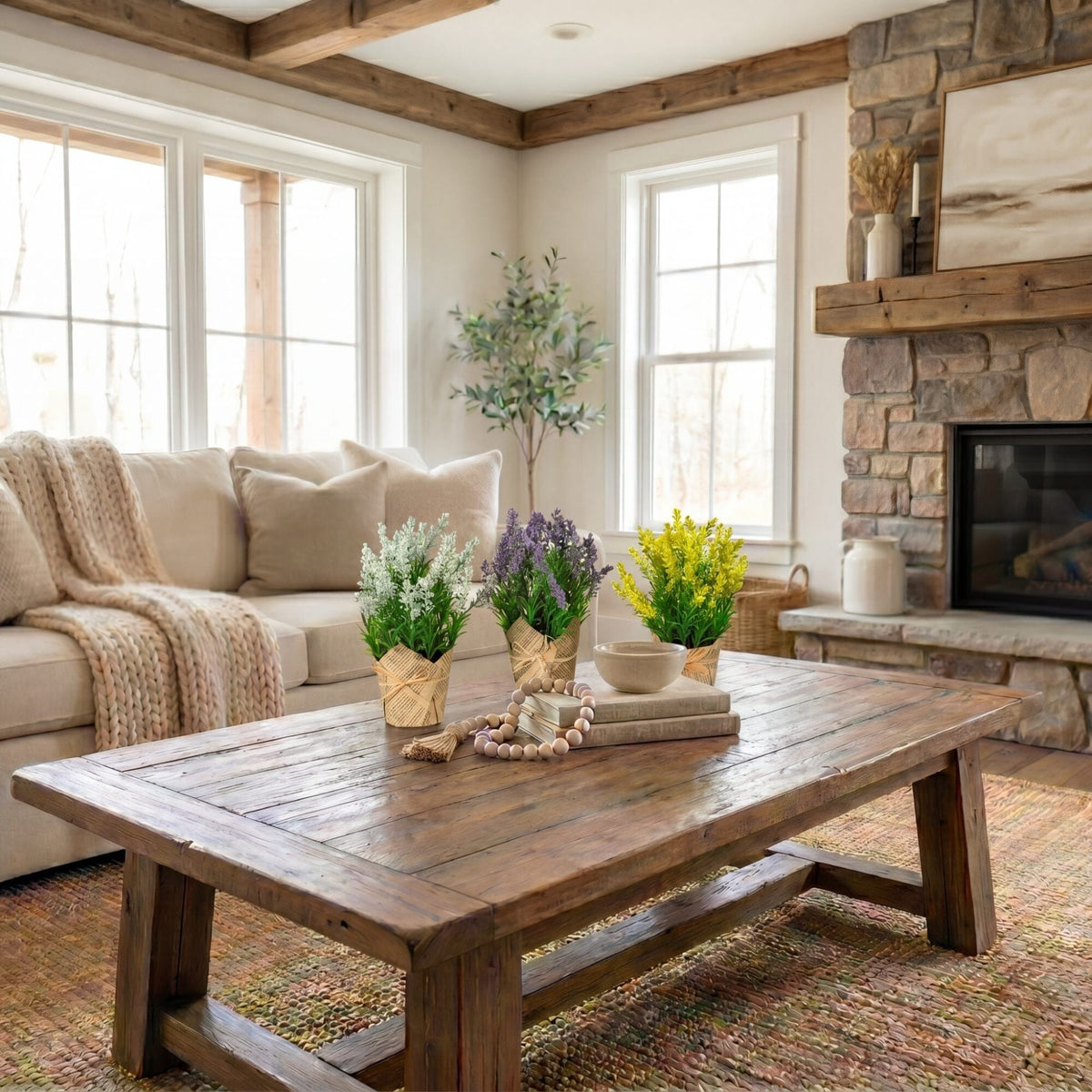 a living room with a couch and a fireplace