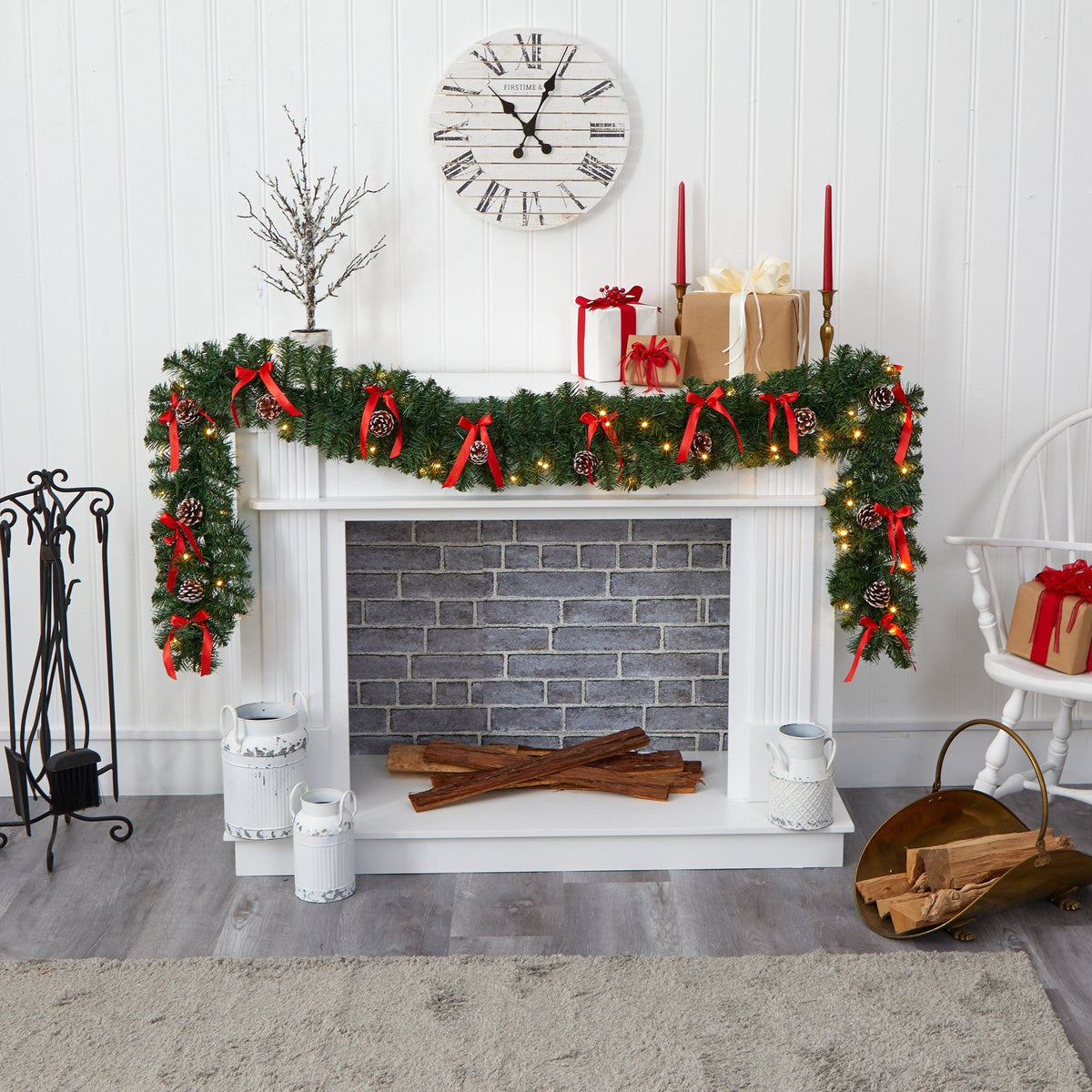a fireplace with presents and a clock