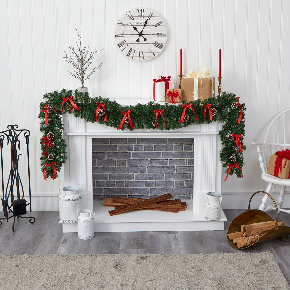 a fireplace with presents and a clock