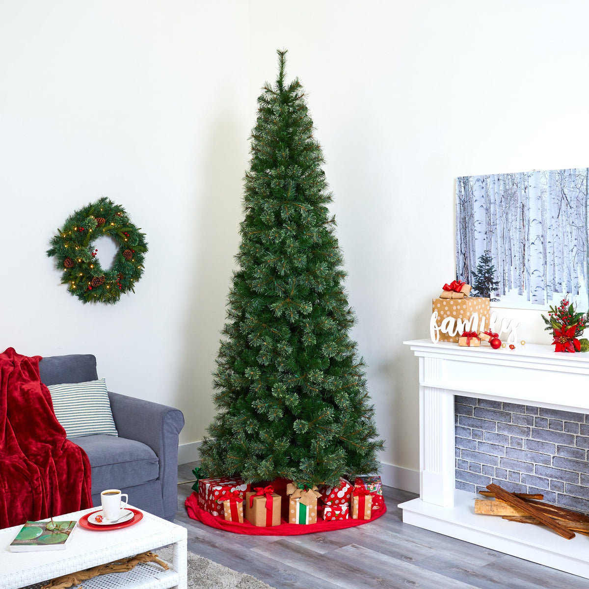 a christmas tree in a room
