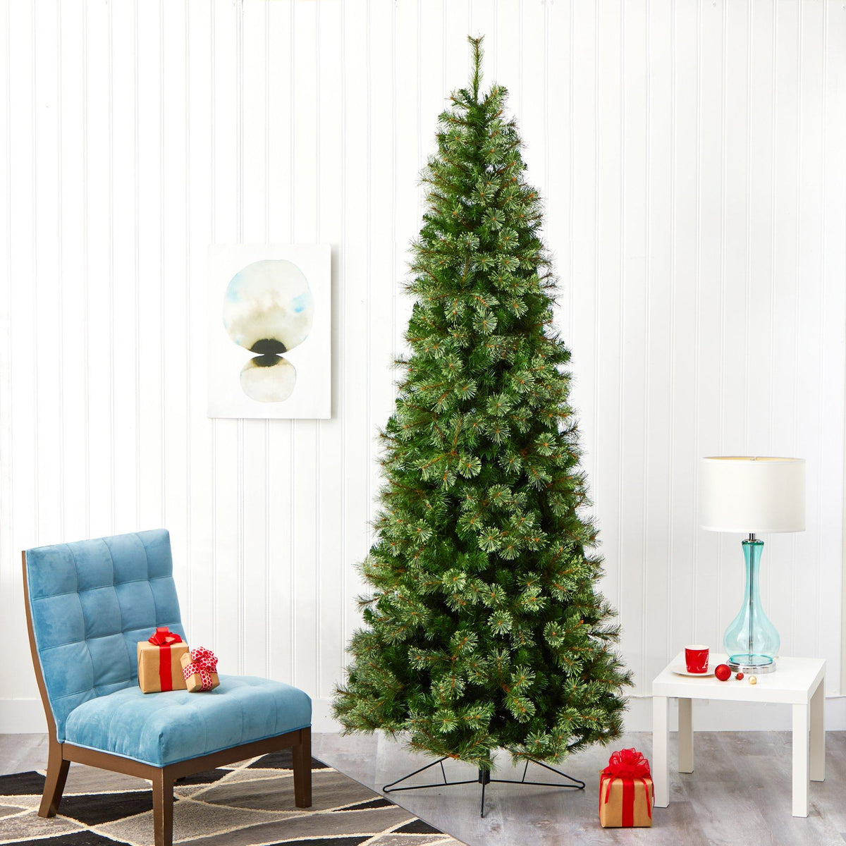 a christmas tree in a room