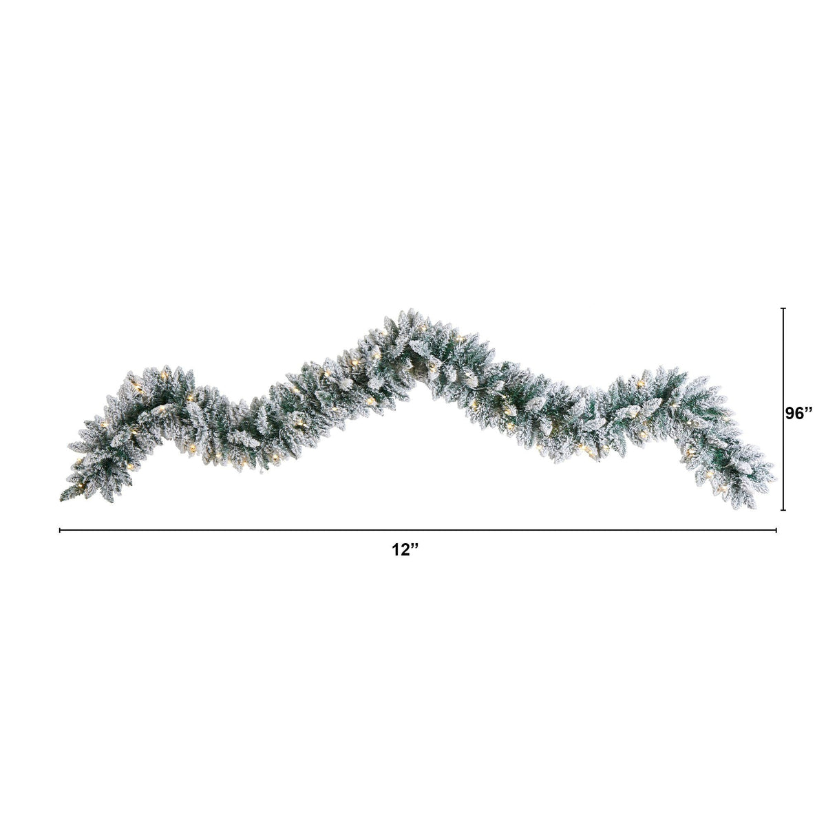 a white garland with lights and snow on it