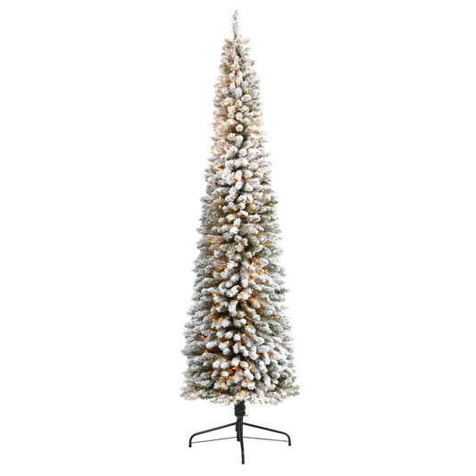 a tall christmas tree with snow on it