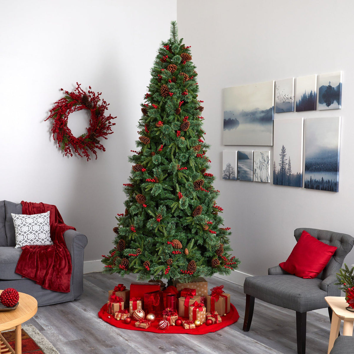 a christmas tree in a room