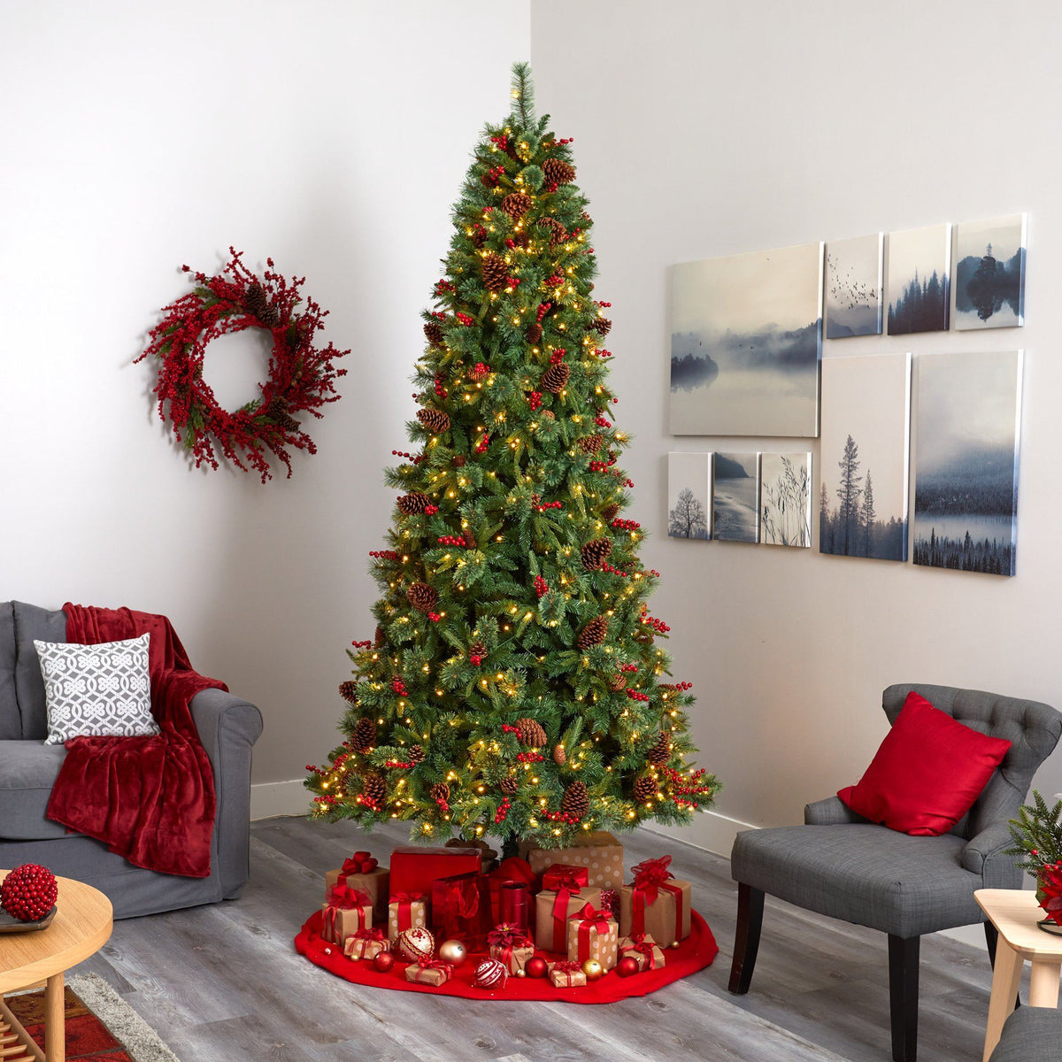 a christmas tree in a corner of a room