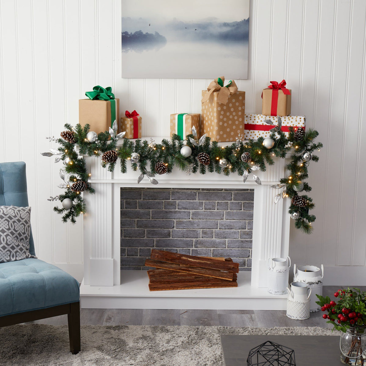 a fireplace with presents on top