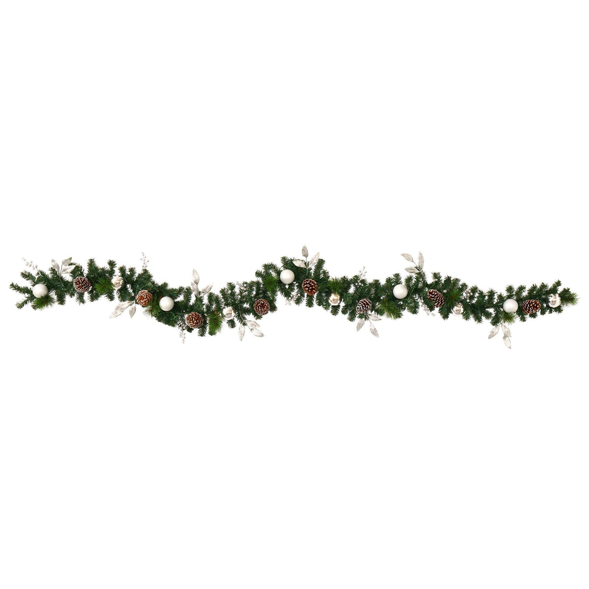 a garland of pine cones and balls