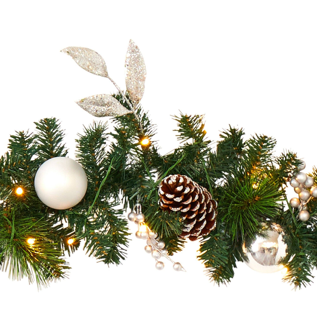 a pinecone and ornaments on a garland