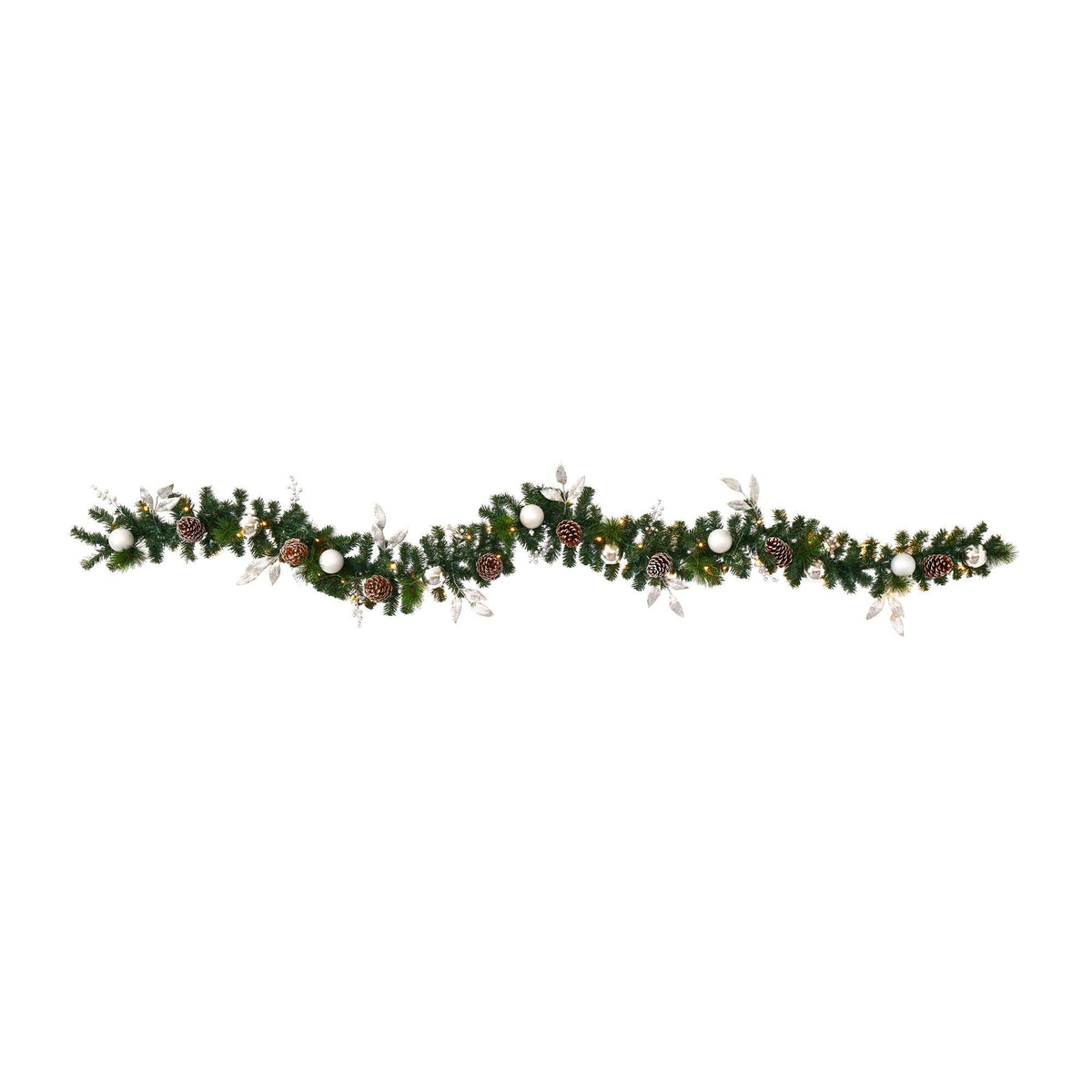 a garland of green leaves and white balls