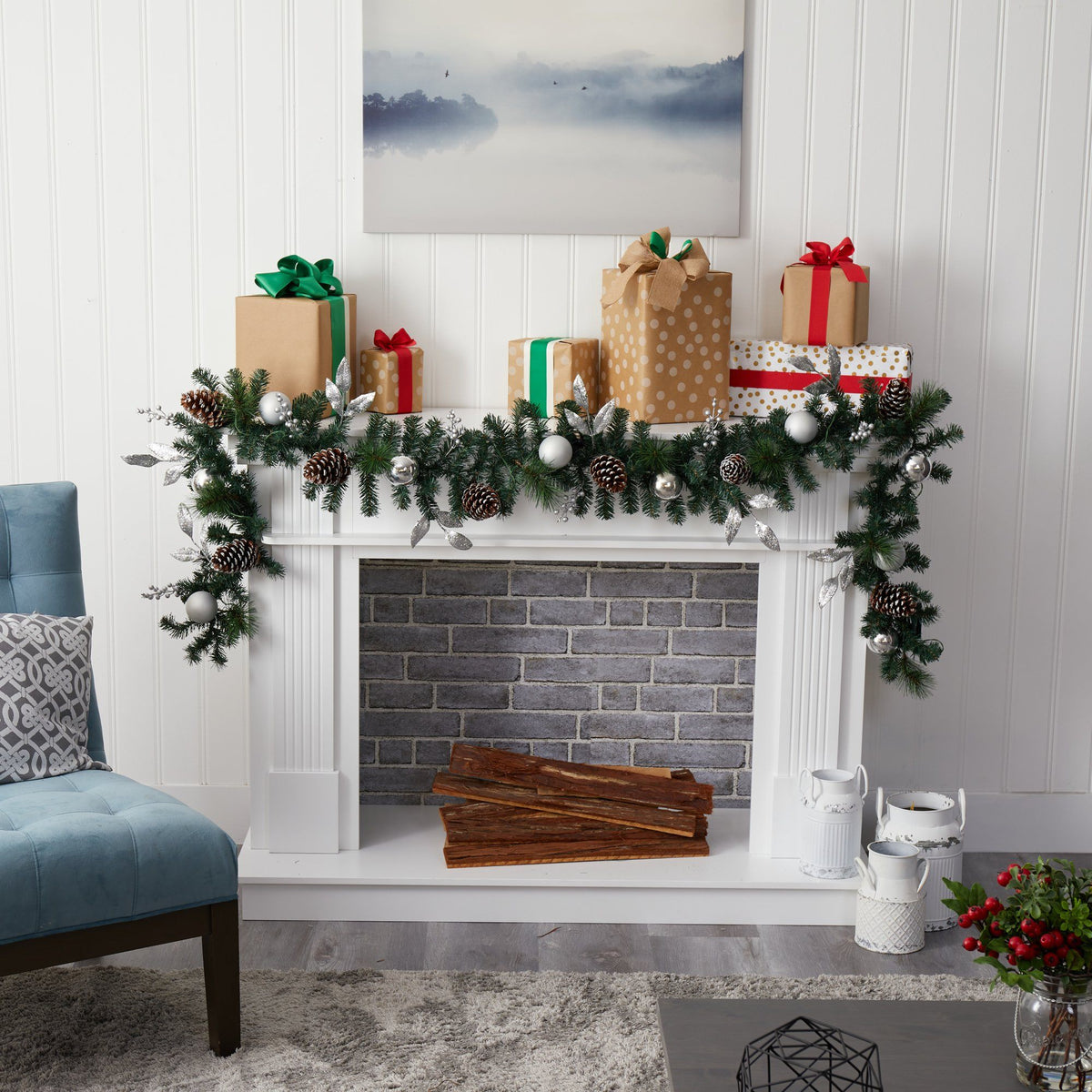 a fireplace with presents on top