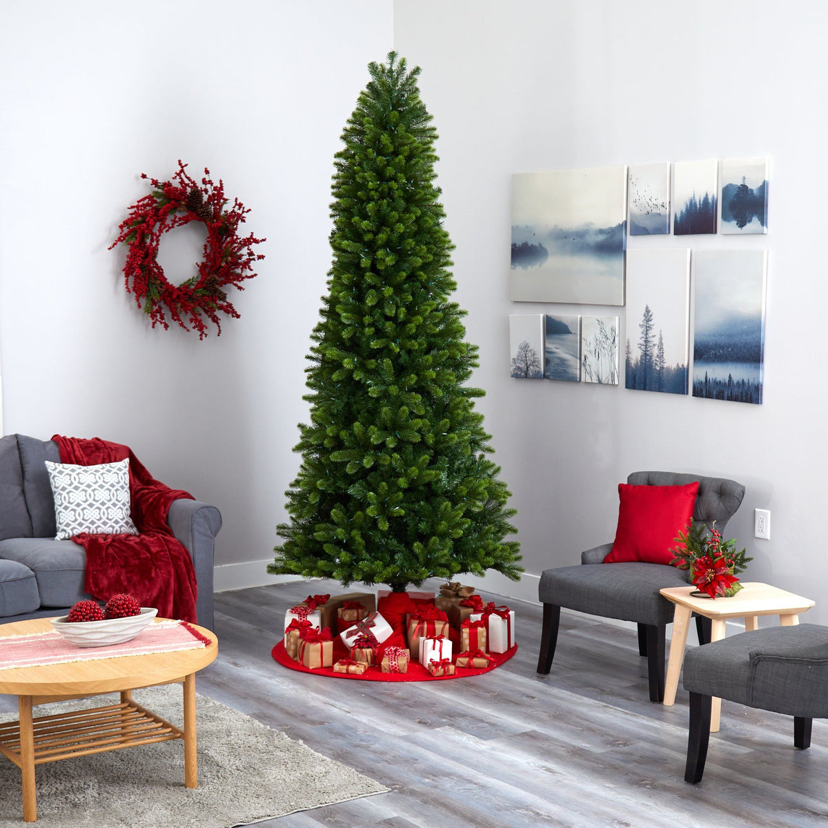 a christmas tree in a room