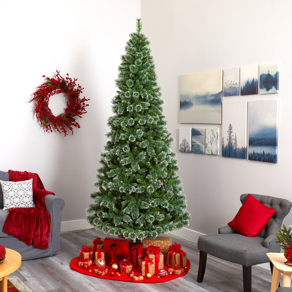 a christmas tree in a room