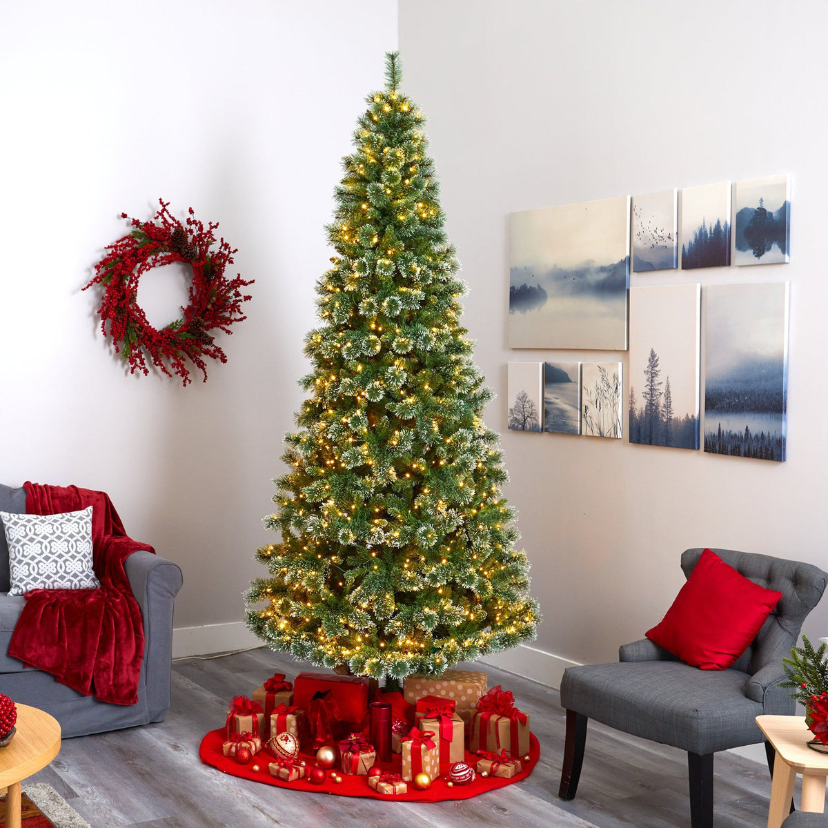 a christmas tree in a room