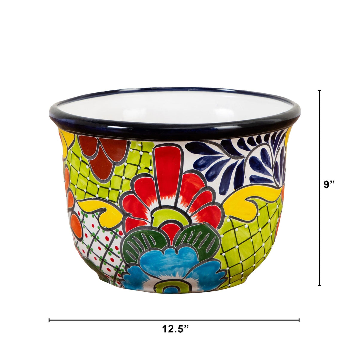 a colorful ceramic bowl with a size comparison