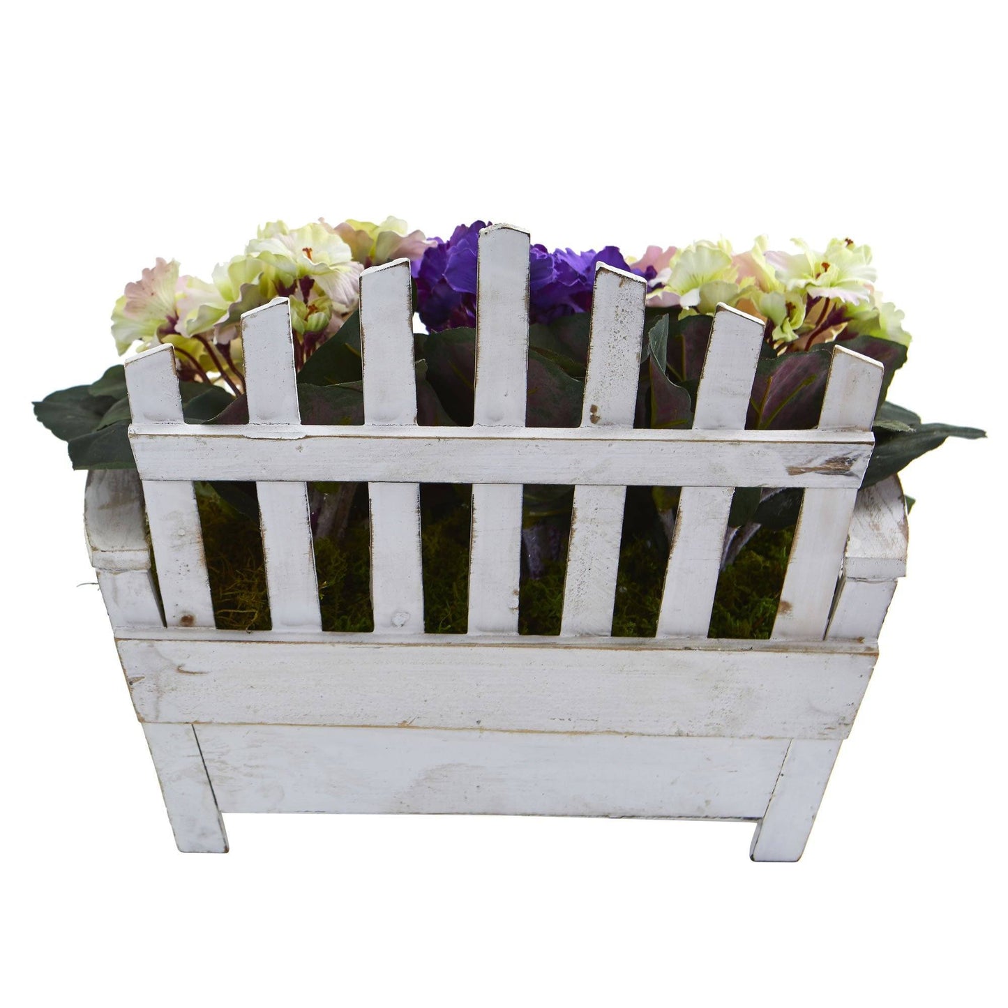 African Violet Artificial Plant in Wooden Bench Planter