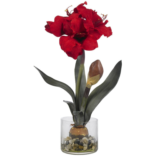 a red flower in a glass vase