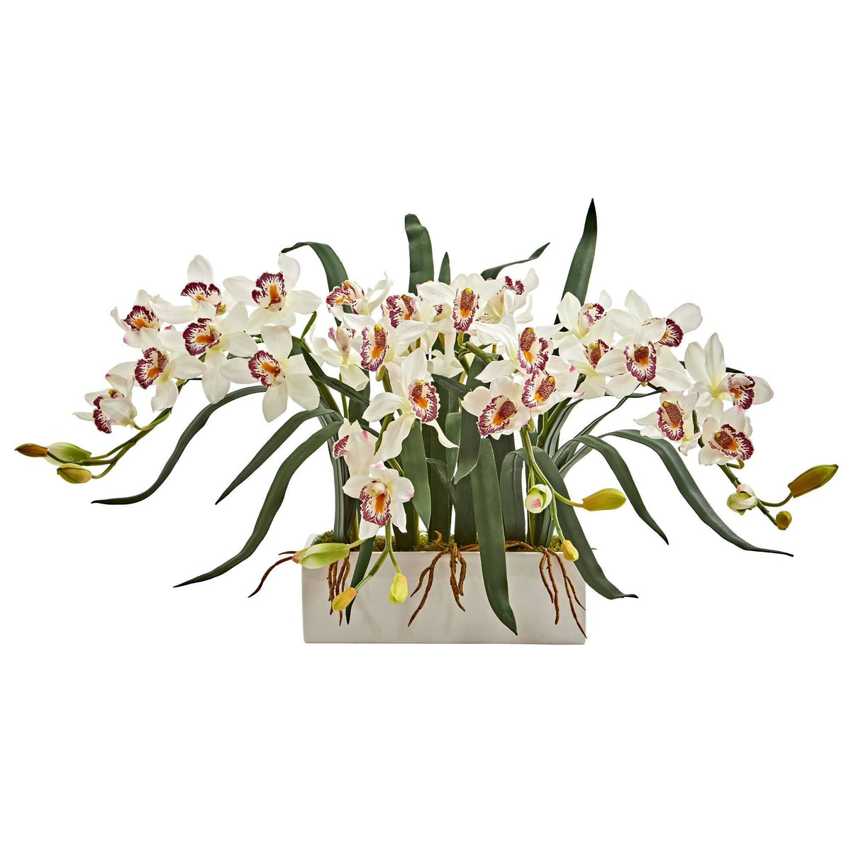 a white and red orchids in a white rectangular container