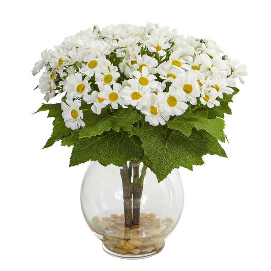 a vase with white flowers and green leaves