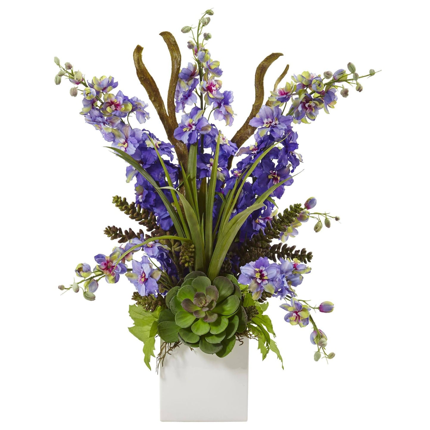 Delphinium and Succulent Arrangement