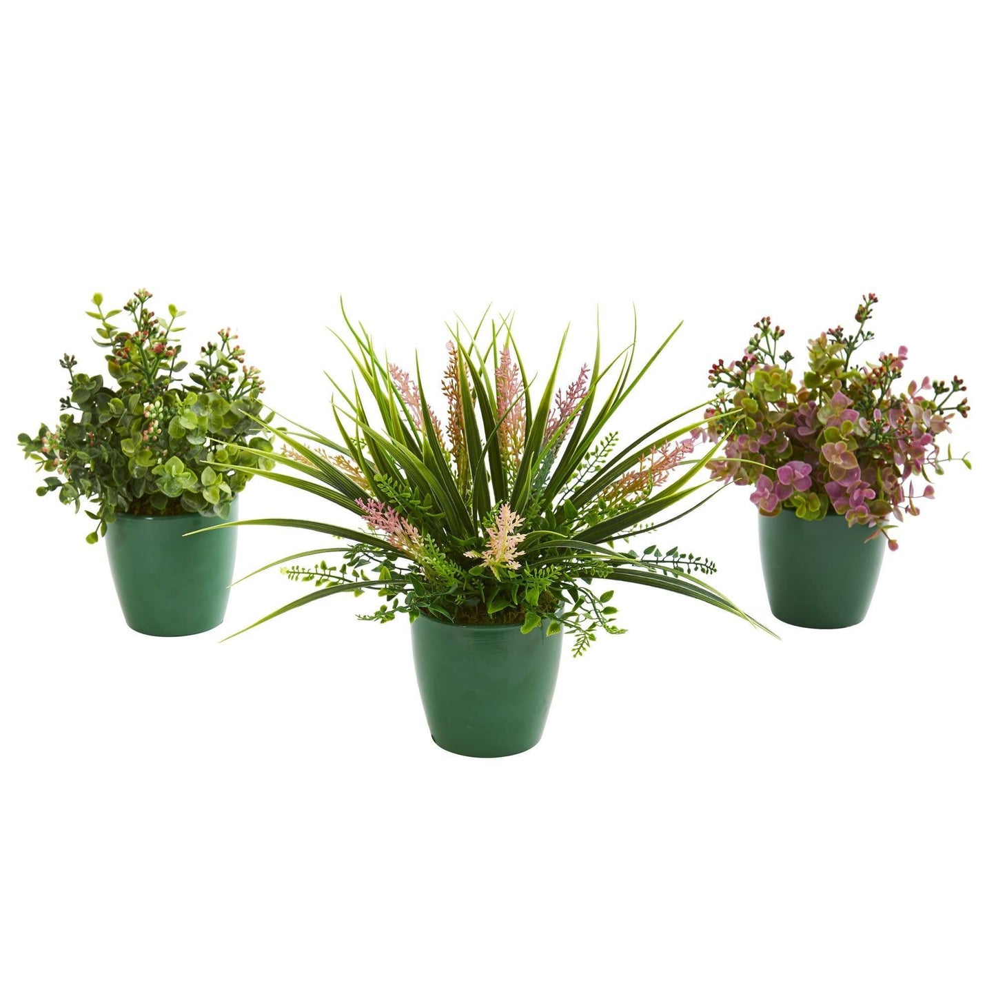 Eucalyptus, Grass and Sedum Artificial Plant in Green Planter (Set of 3)