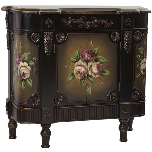 a black cabinet with flowers painted on it