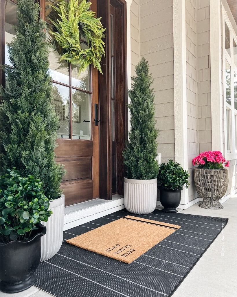 a door with plants and a doormat