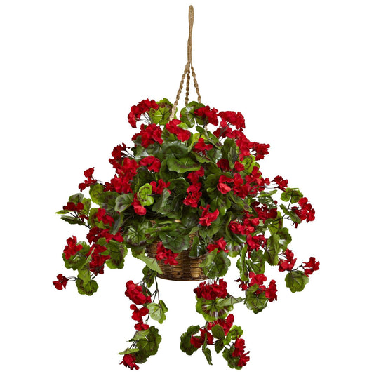a basket with red flowers