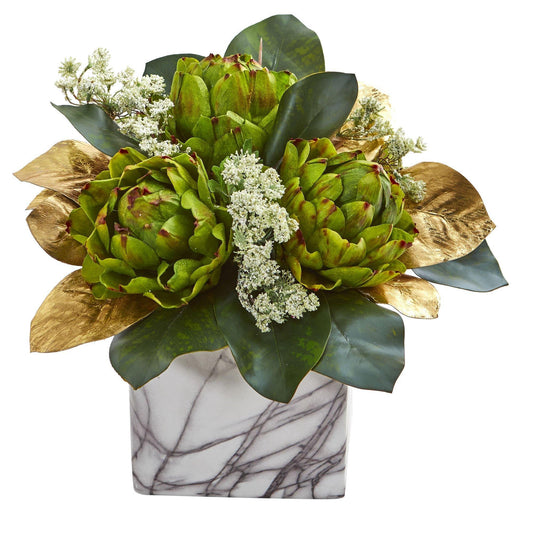 Golden Magnolias & Artichokes Artificial Arrangement in Marble Finished Planter