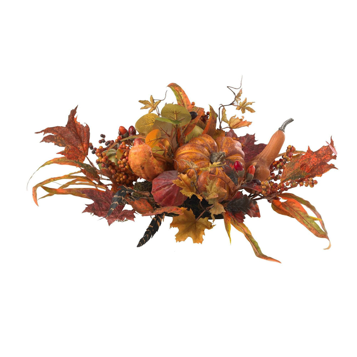 a arrangement of fall leaves and pumpkins