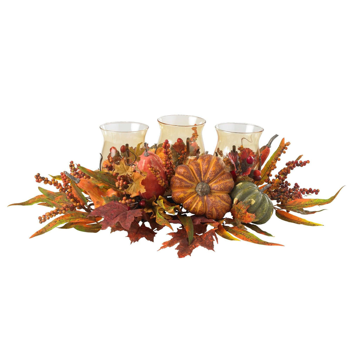 a group of glasses with pumpkins and leaves