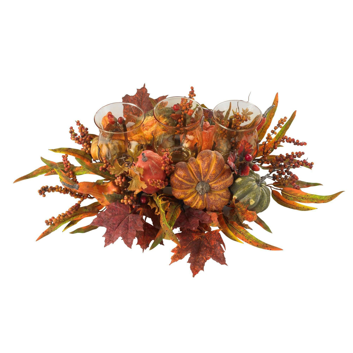 a group of glasses with fall leaves and berries