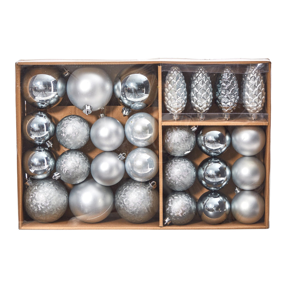 a box of silver ornaments