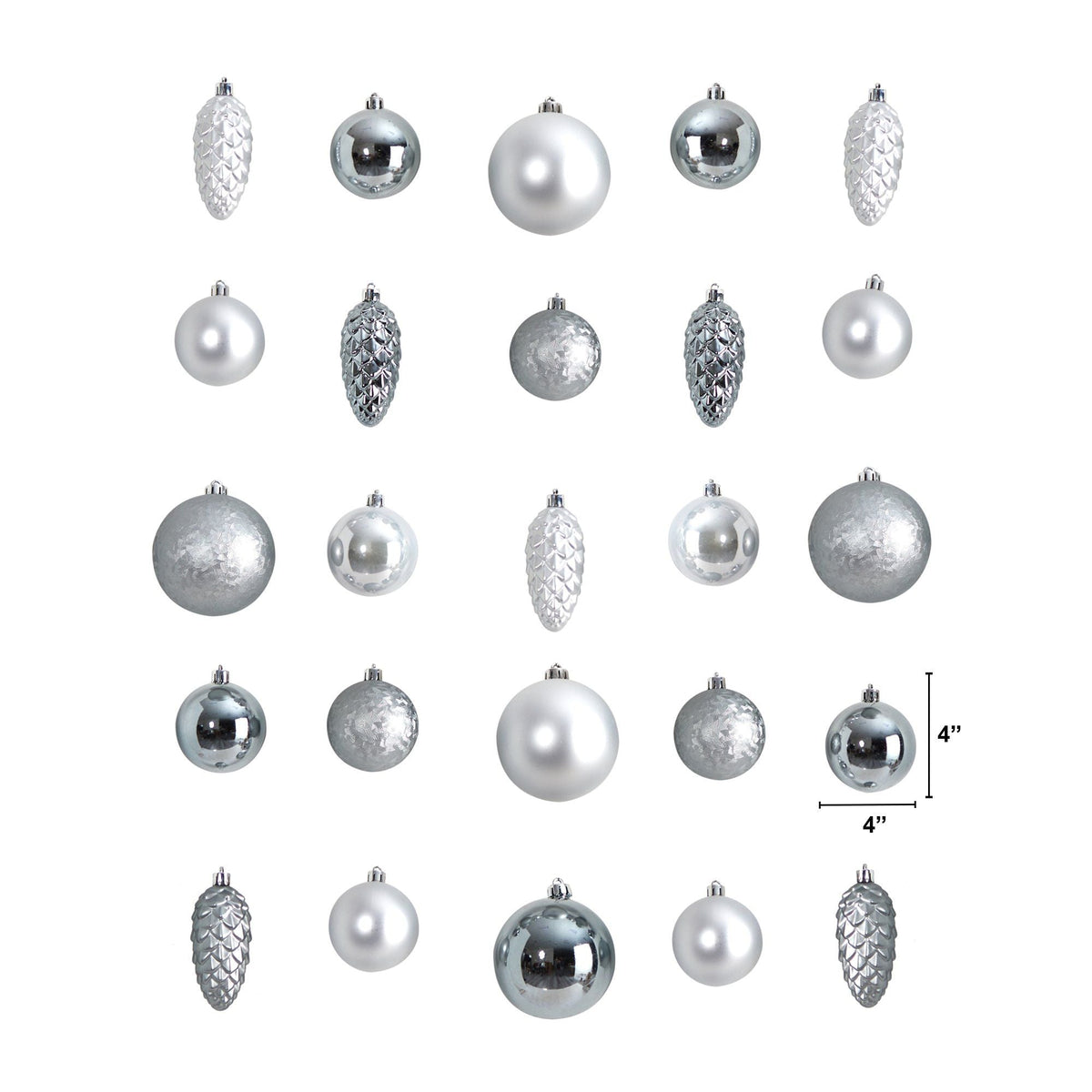 a group of silver ornaments