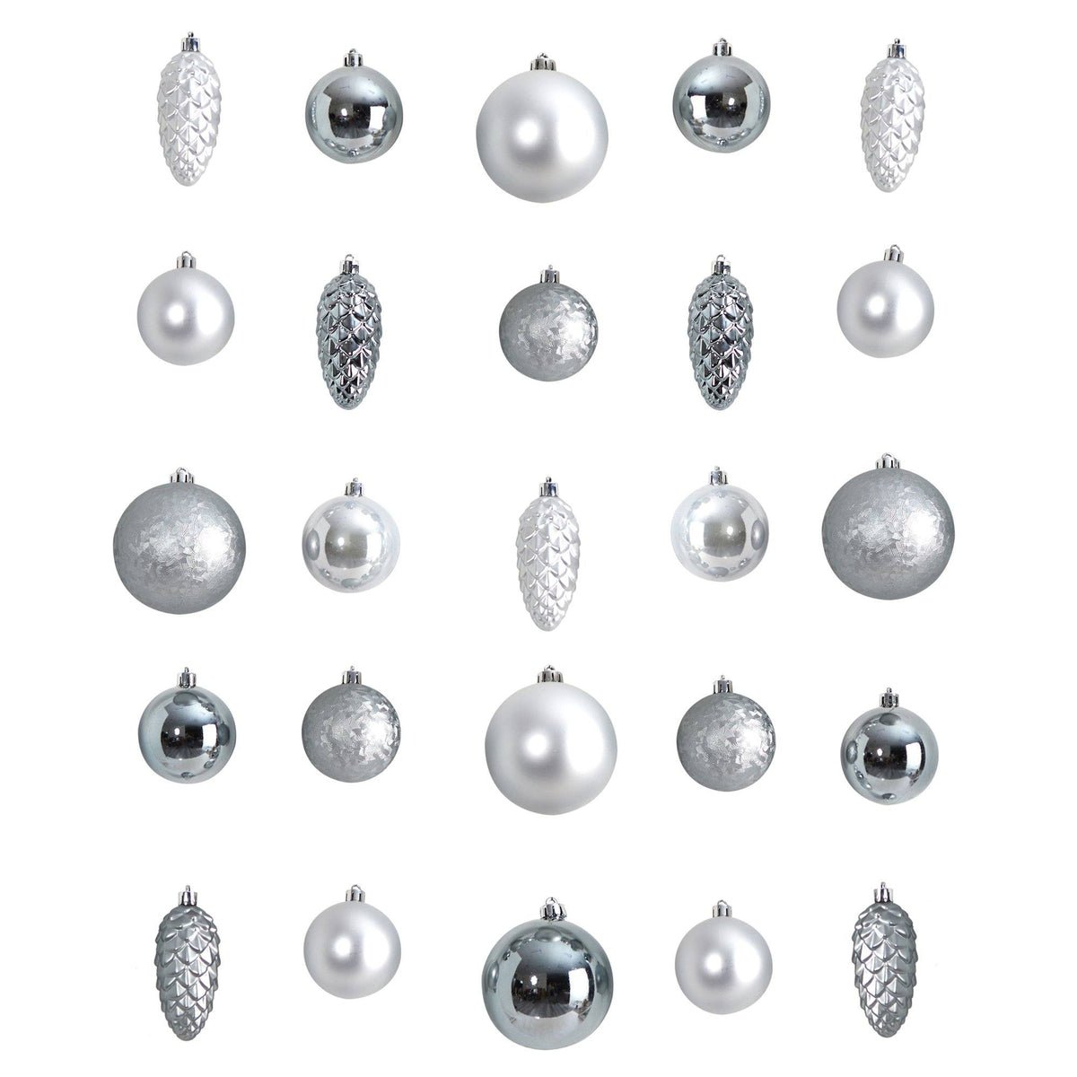 a group of silver ornaments