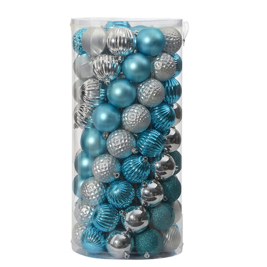 a container of blue and silver ornaments