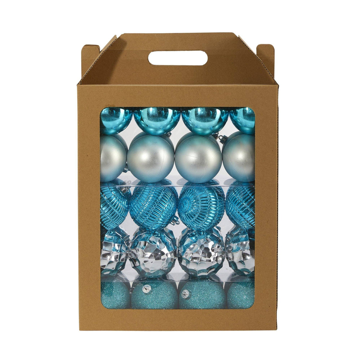a box with blue and silver ornaments