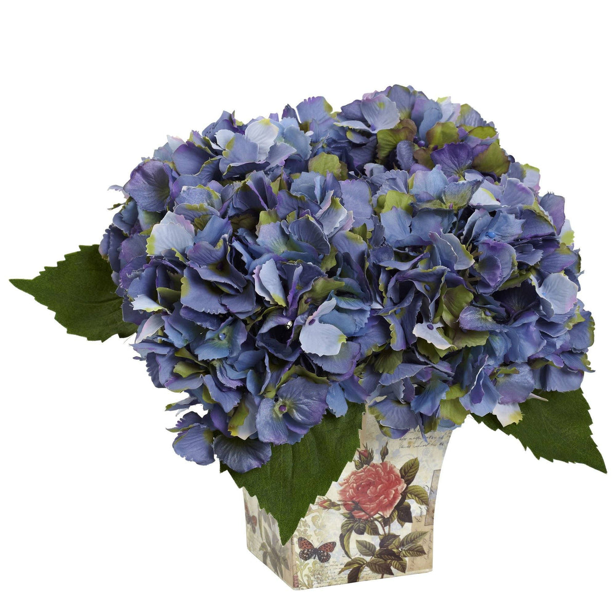 a blue and purple hydrangea in a vase