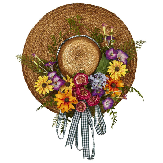 a hat with flowers and ribbons