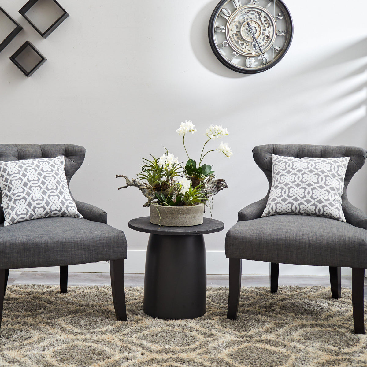 a chair and a table with flowers