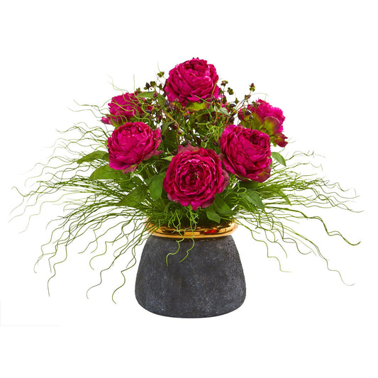 Peony and Grass Artificial Arrangement in Designer Vase